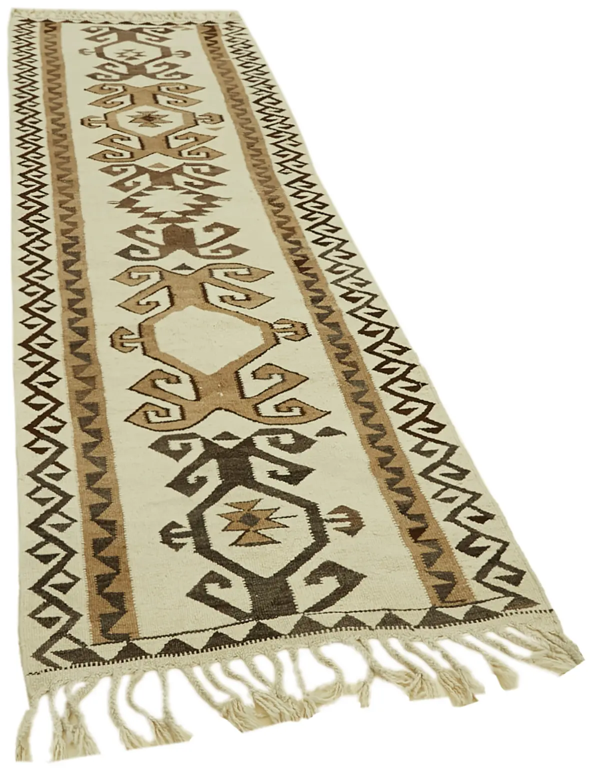 Herki Eskitme Beyaz Pabek Üzerine Yün El Dokuma Kilim-104x336 - Görsel 2