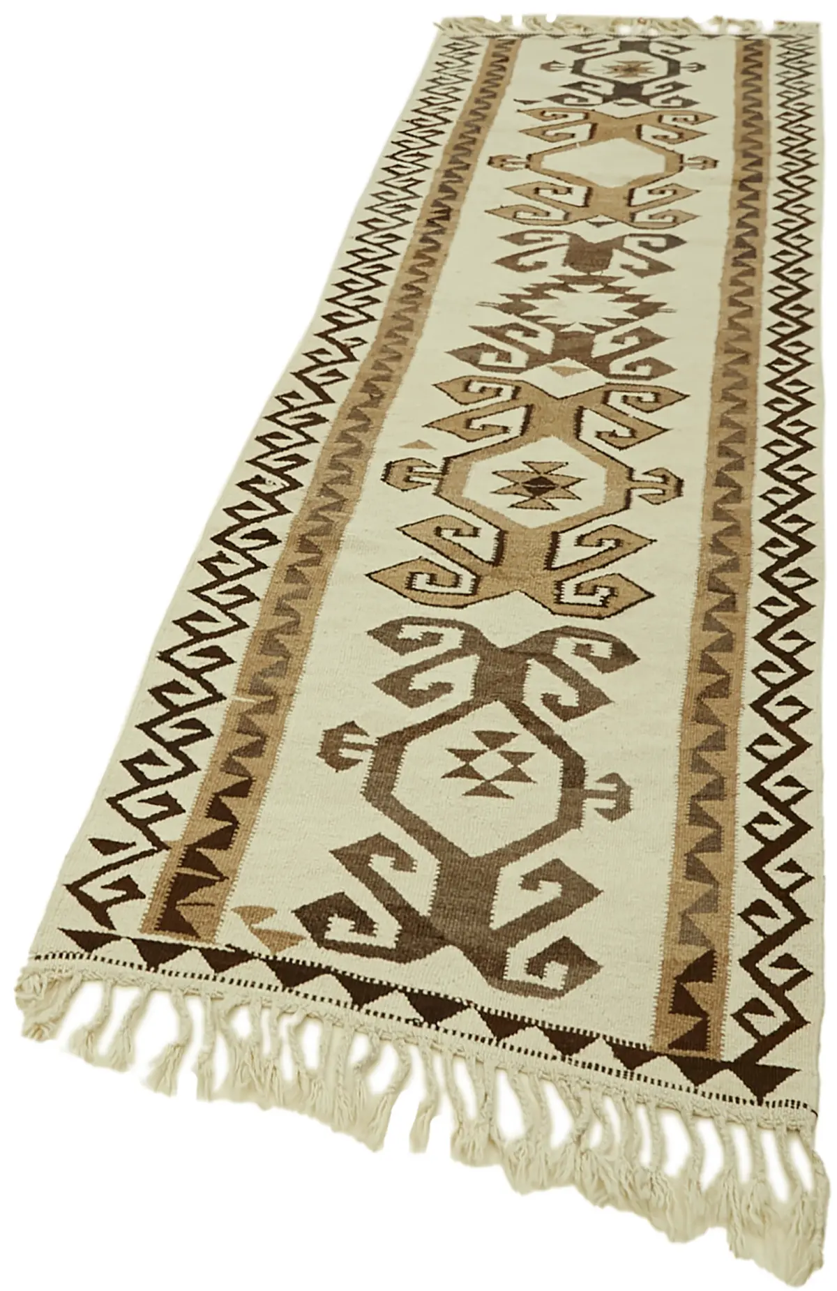 Herki Eskitme Beyaz Pabek Üzerine Yün El Dokuma Kilim-104x336 - Görsel 3
