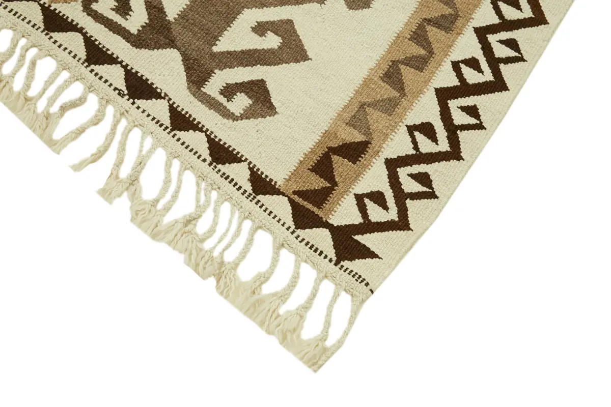 Herki Eskitme Beyaz Pabek Üzerine Yün El Dokuma Kilim-104x336 - Görsel 4