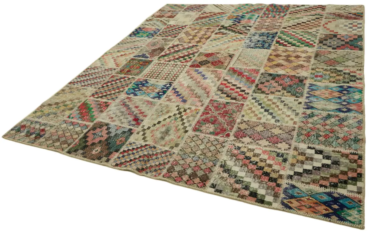 Patchwork Multi Pamuk Üzerine Yün El Dokuma Kilim-252x300 - Görsel 3