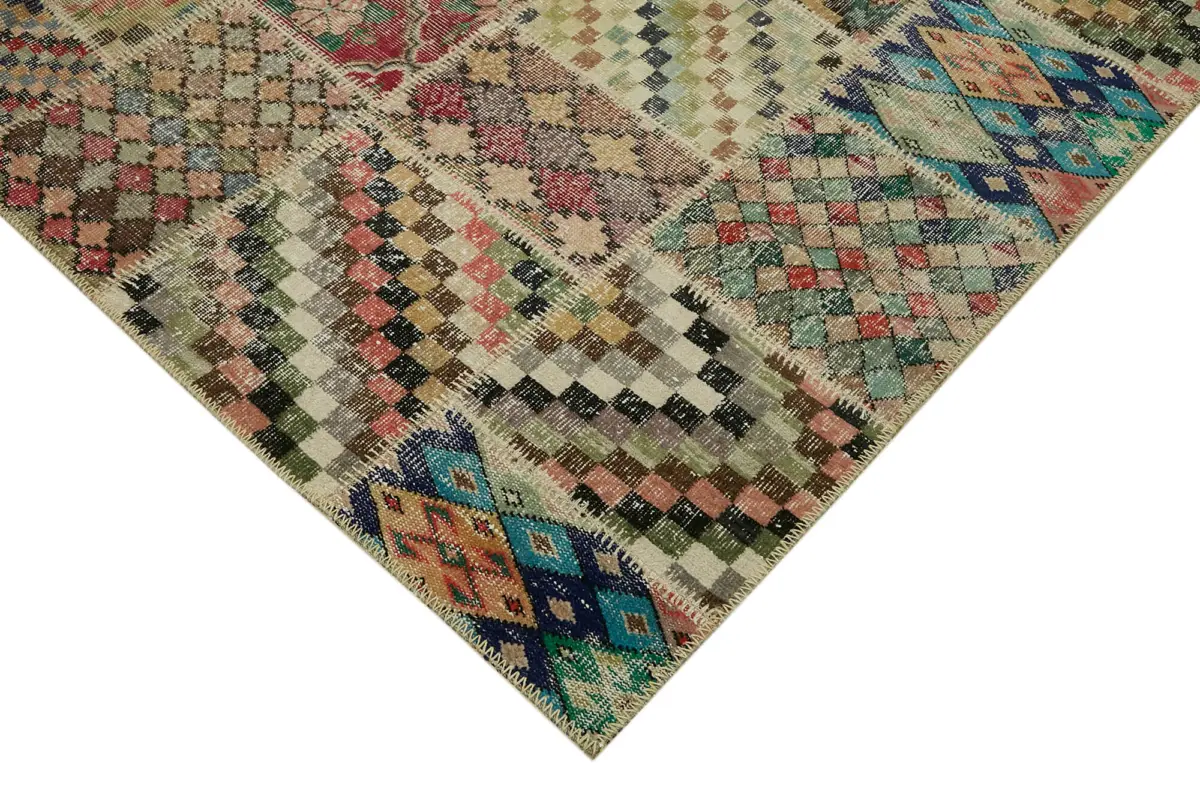 Patchwork Multi Pamuk Üzerine Yün El Dokuma Kilim-252x300 - Görsel 4