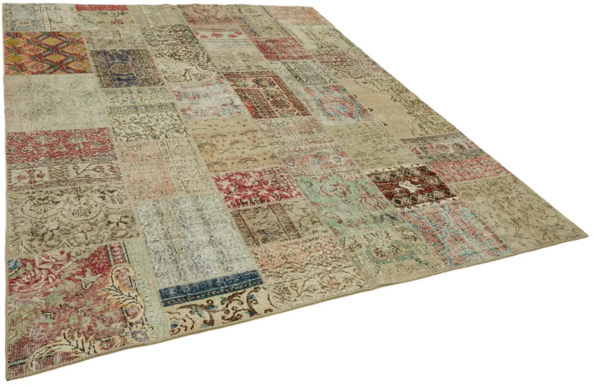 Patchwork Bej Pamuk Üzerine Yün El Dokuma Kilim-252x300 - Görsel 2