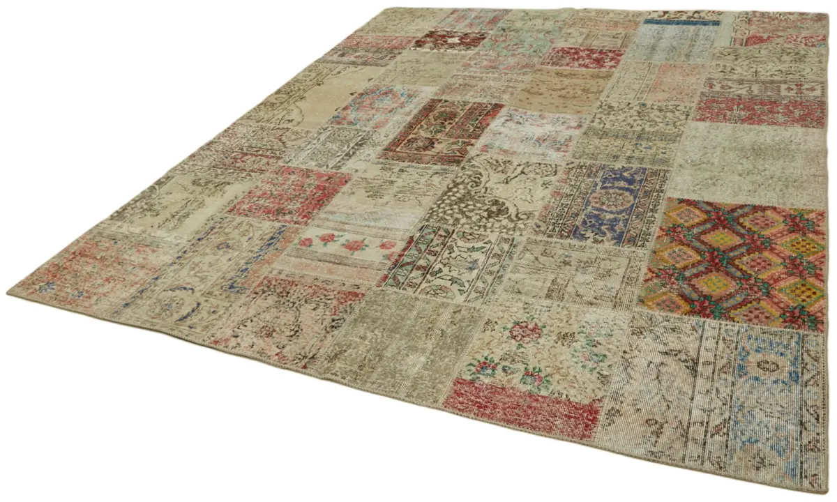 Patchwork Bej Pamuk Üzerine Yün El Dokuma Kilim-252x300 - Görsel 3