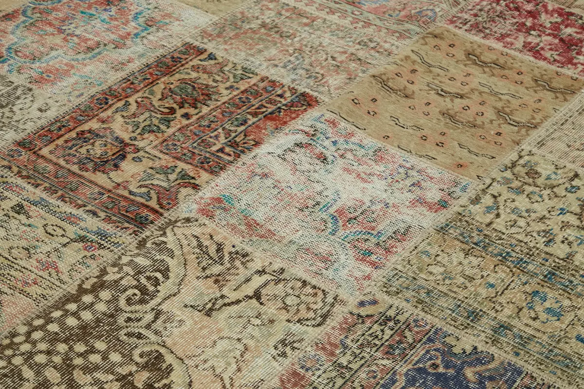 Patchwork Bej Pamuk Üzerine Yün El Dokuma Kilim-252x300 - Görsel 5