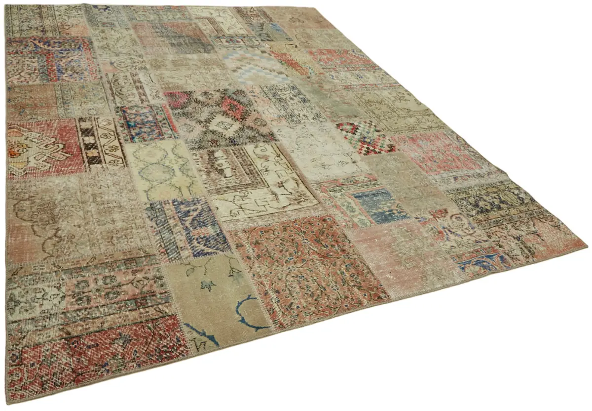 Patchwork Bej Pamuk Üzerine Yün El Dokuma Kilim-250x300 - Görsel 2