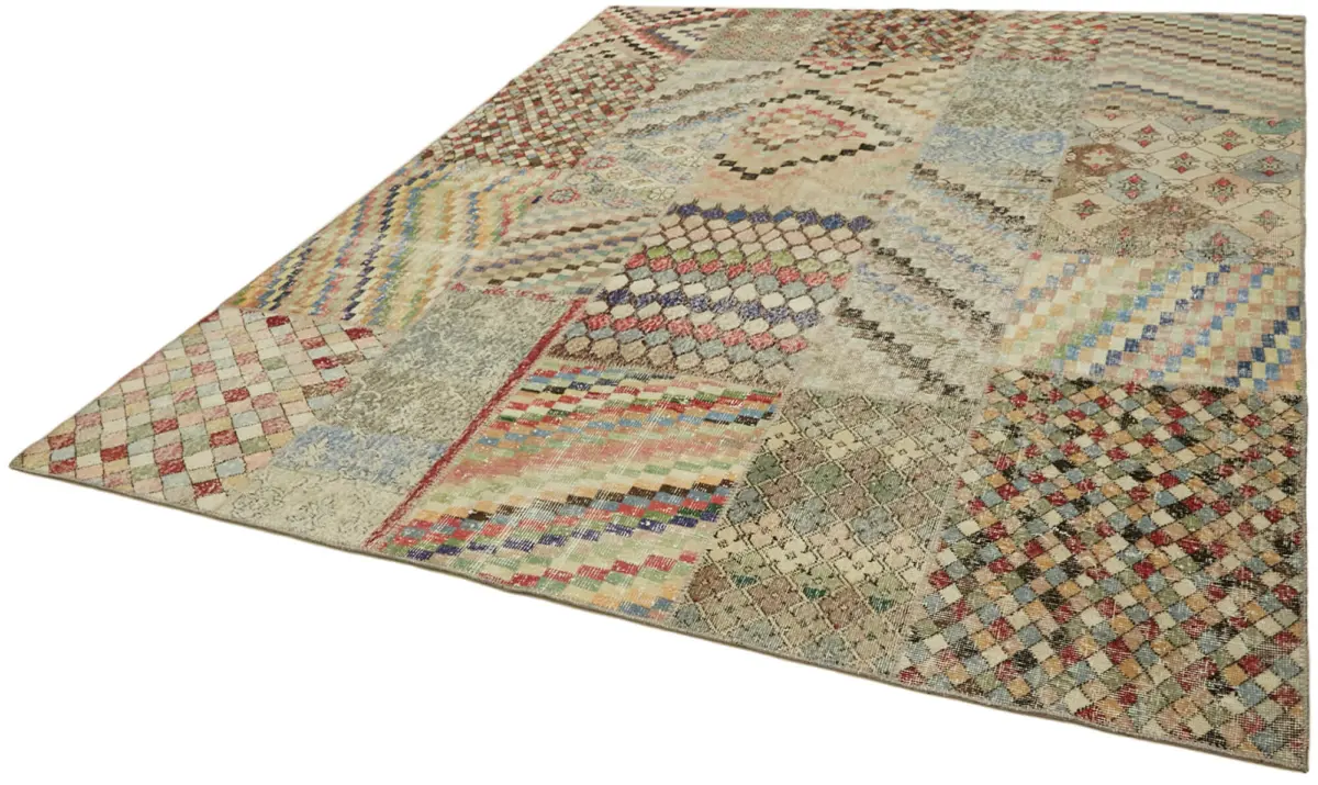 Patchwork Bej Pamuk Üzerine Yün El Dokuma Kilim-250x300 - Görsel 3