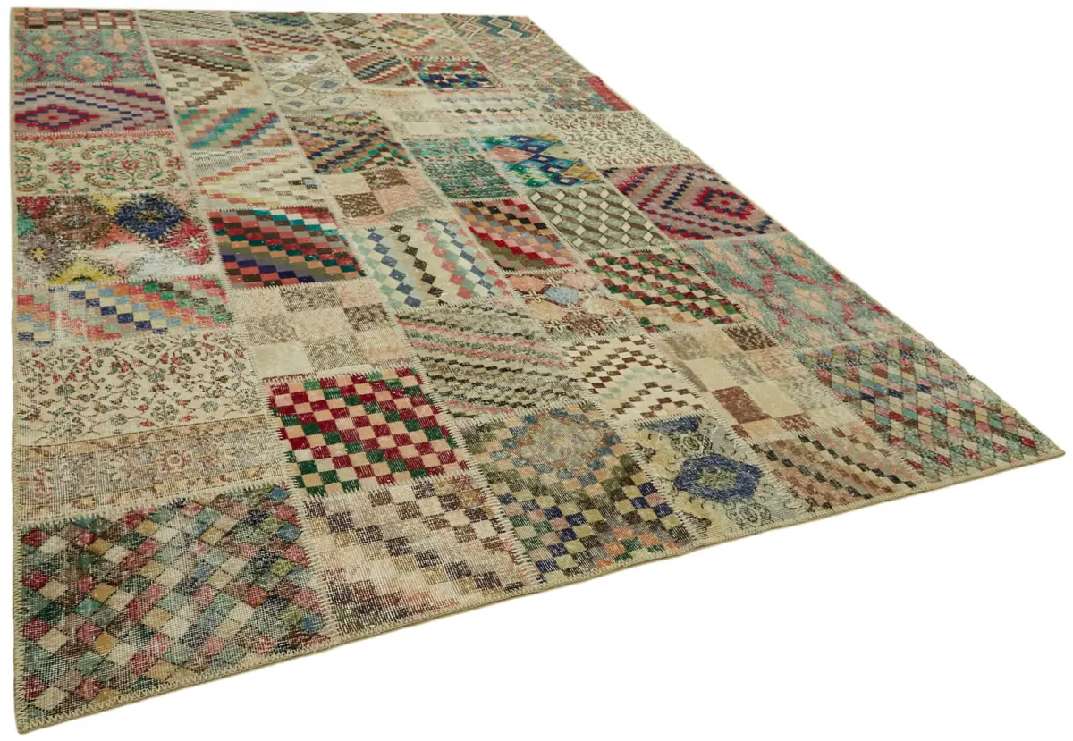 Patchwork Bej Pamuk Üzerine Yün El Dokuma Kilim-250x350 - Görsel 2