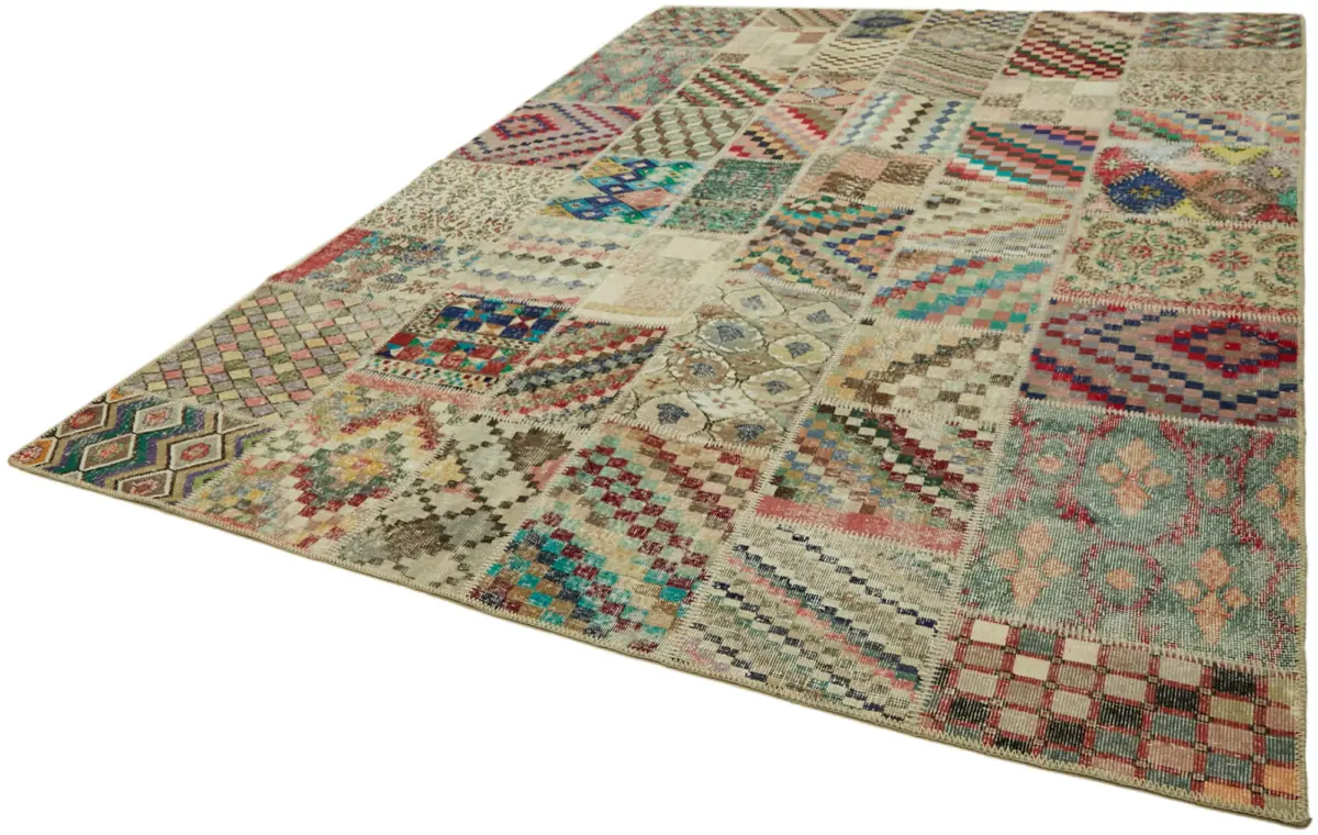 Patchwork Bej Pamuk Üzerine Yün El Dokuma Kilim-250x350 - Görsel 3