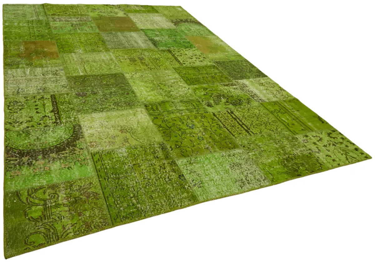 Patchwork Yeşil Pamuk Üzerine Yün El Dokuma Kilim-251x351 - Görsel 2