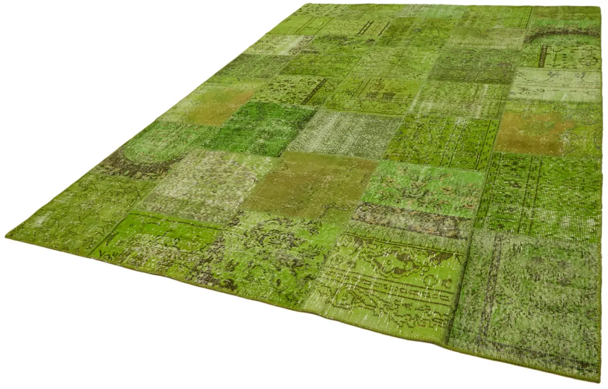 Patchwork Yeşil Pamuk Üzerine Yün El Dokuma Kilim-251x351 - Görsel 3
