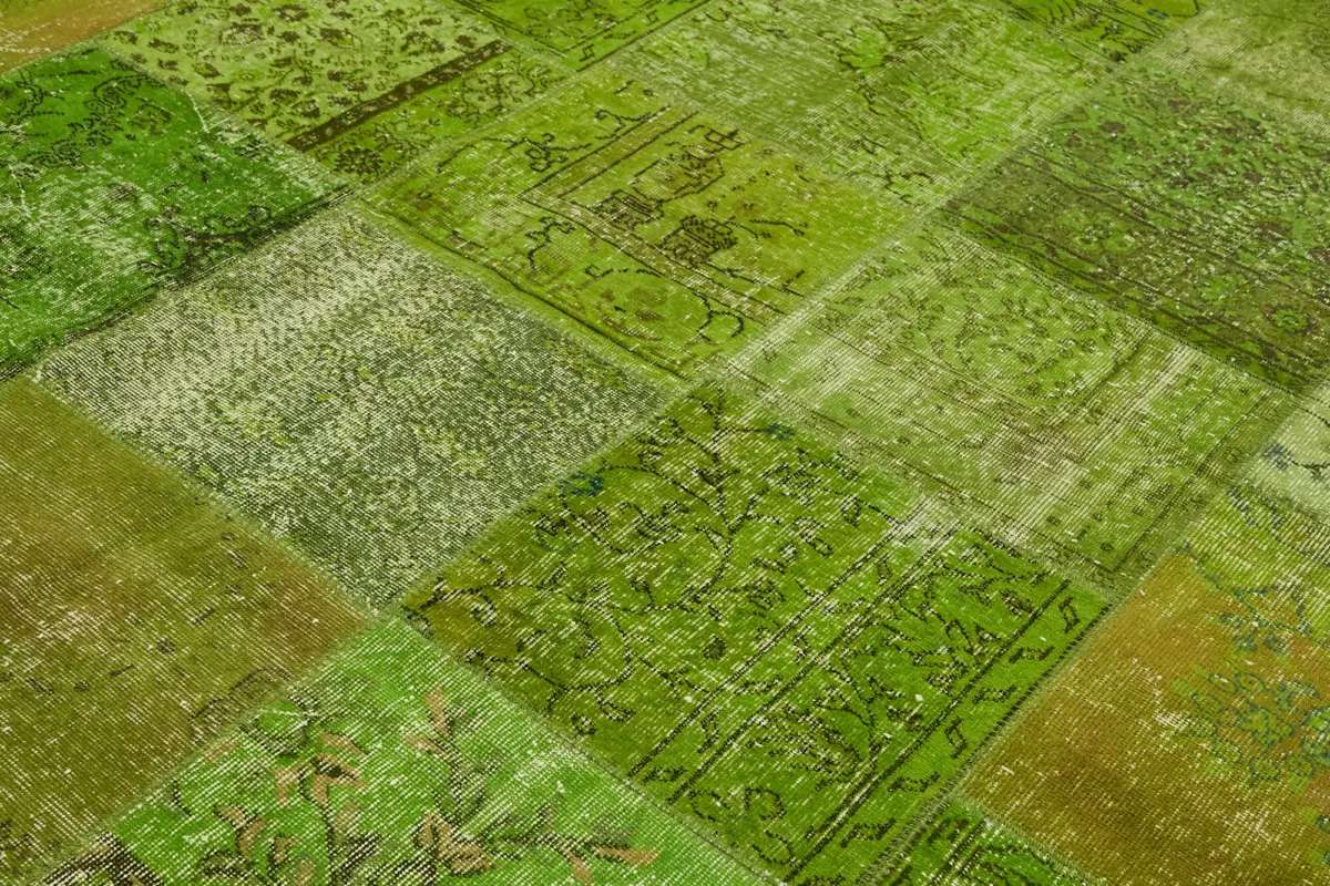 Patchwork Yeşil Pamuk Üzerine Yün El Dokuma Kilim-251x351 - Görsel 5