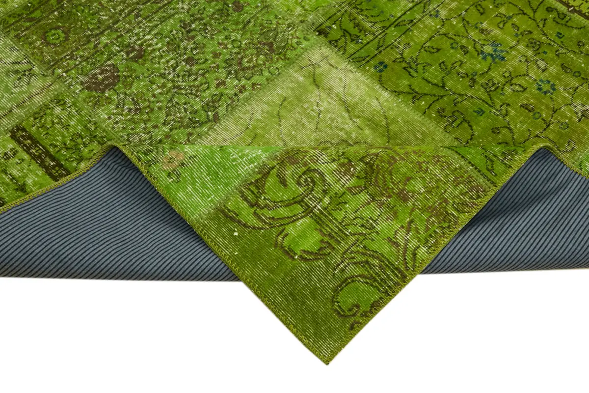 Patchwork Yeşil Pamuk Üzerine Yün El Dokuma Kilim-251x351 - Görsel 6