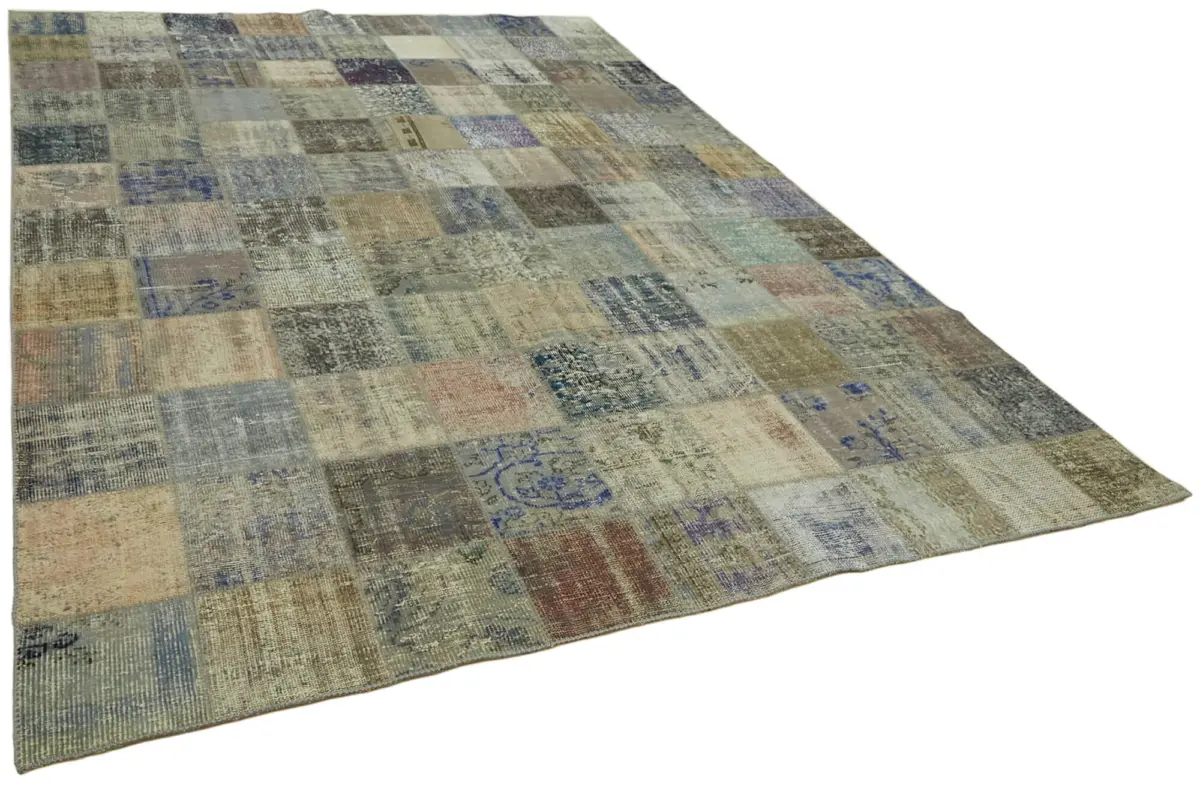 Patchwork Gri Pamuk Üzerine Yün El Dokuma Kilim-260x354 - Görsel 2