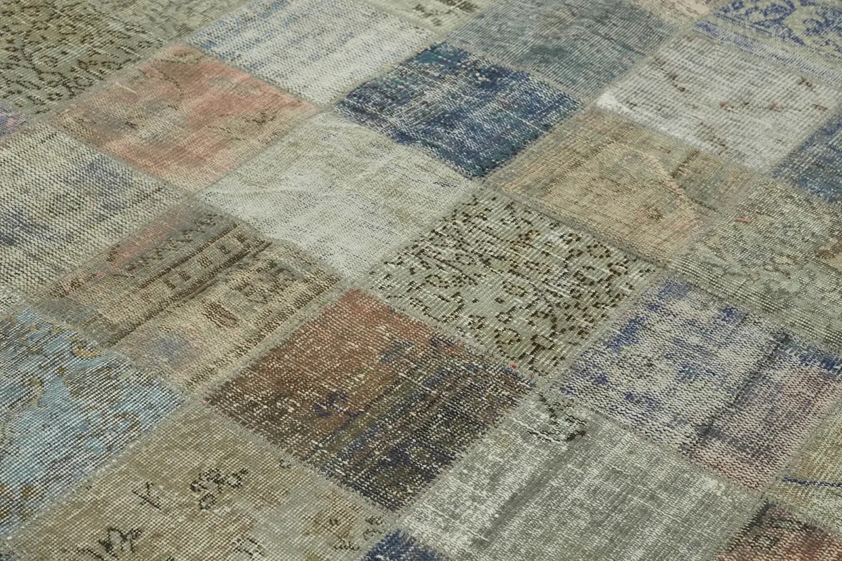 Patchwork Gri Pamuk Üzerine Yün El Dokuma Kilim-260x354 - Görsel 5