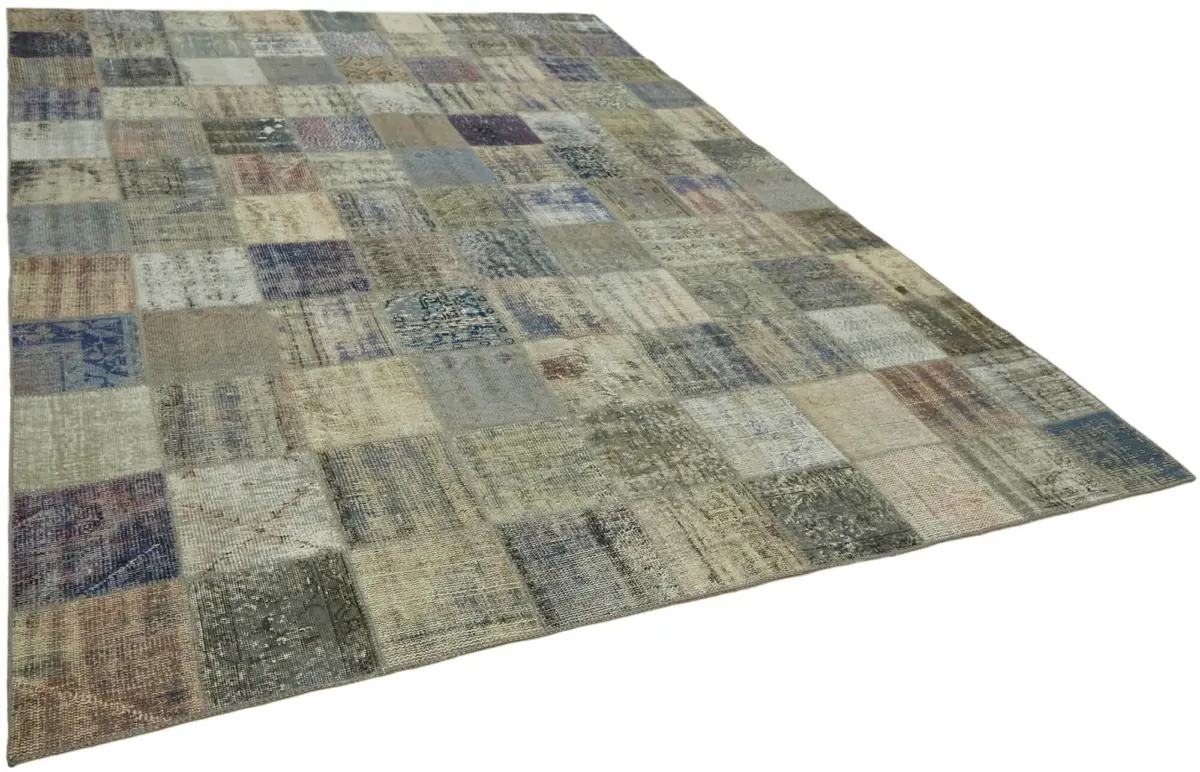 Patchwork Gri Pamuk Üzerine Yün El Dokuma Kilim-260x354 - Görsel 2