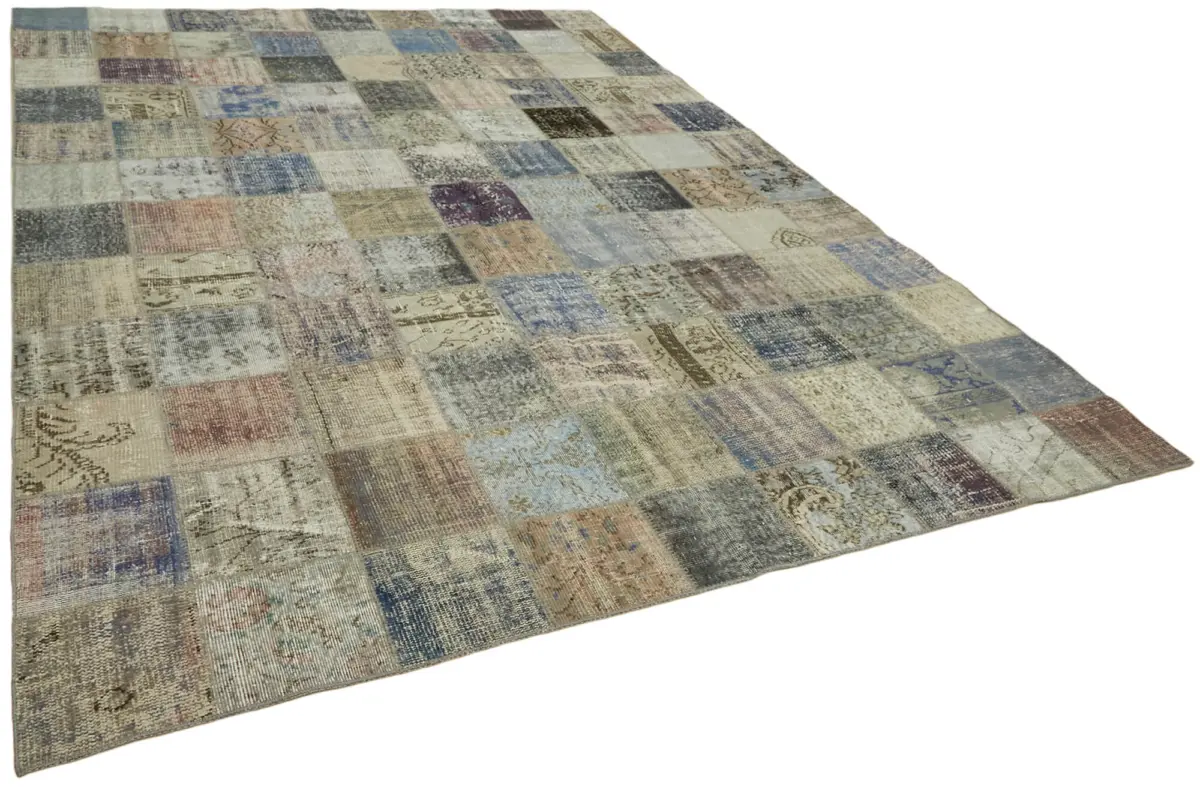 Patchwork Gri Pamuk Üzerine Yün El Dokuma Kilim-260x350 - Görsel 2