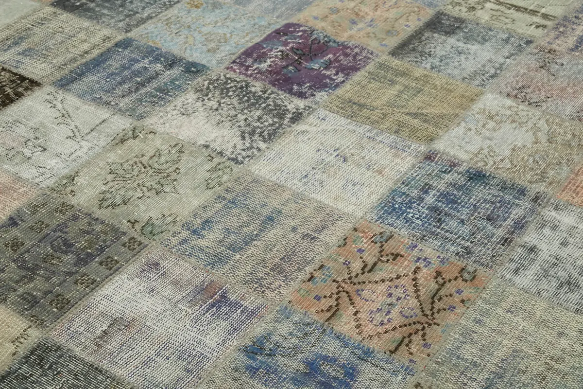 Patchwork Gri Pamuk Üzerine Yün El Dokuma Kilim-260x350 - Görsel 5