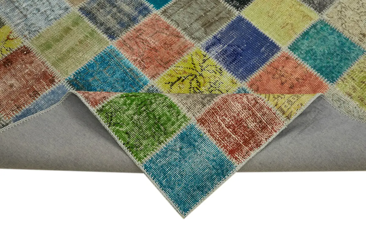 Patchwork Multi Pamuk Üzerine Yün El Dokuma Kilim-260x344 - Görsel 6