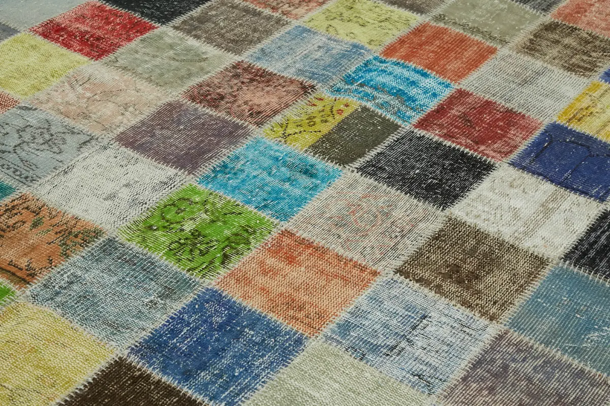 Patchwork Multi Pamuk Üzerine Yün El Dokuma Kilim-260x344 - Görsel 5
