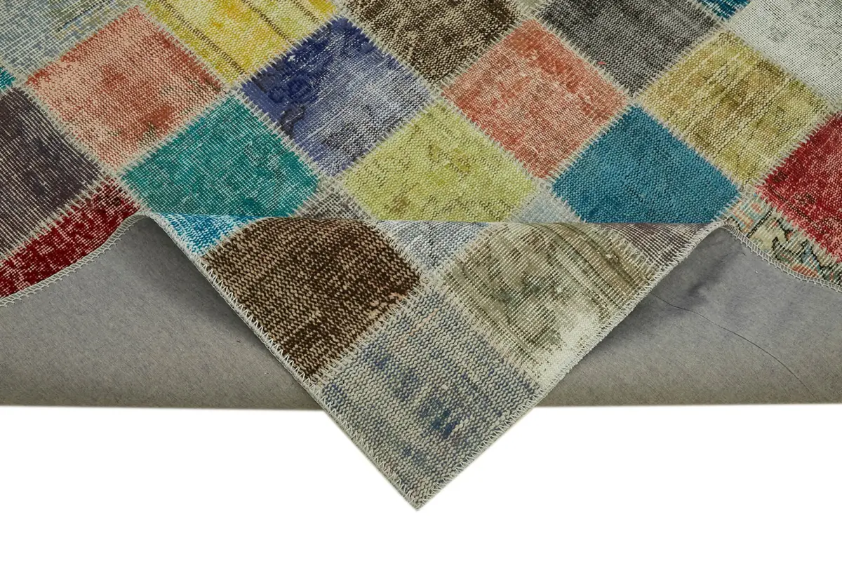 Patchwork Multi Pamuk Üzerine Yün El Dokuma Kilim-260x344 - Görsel 6