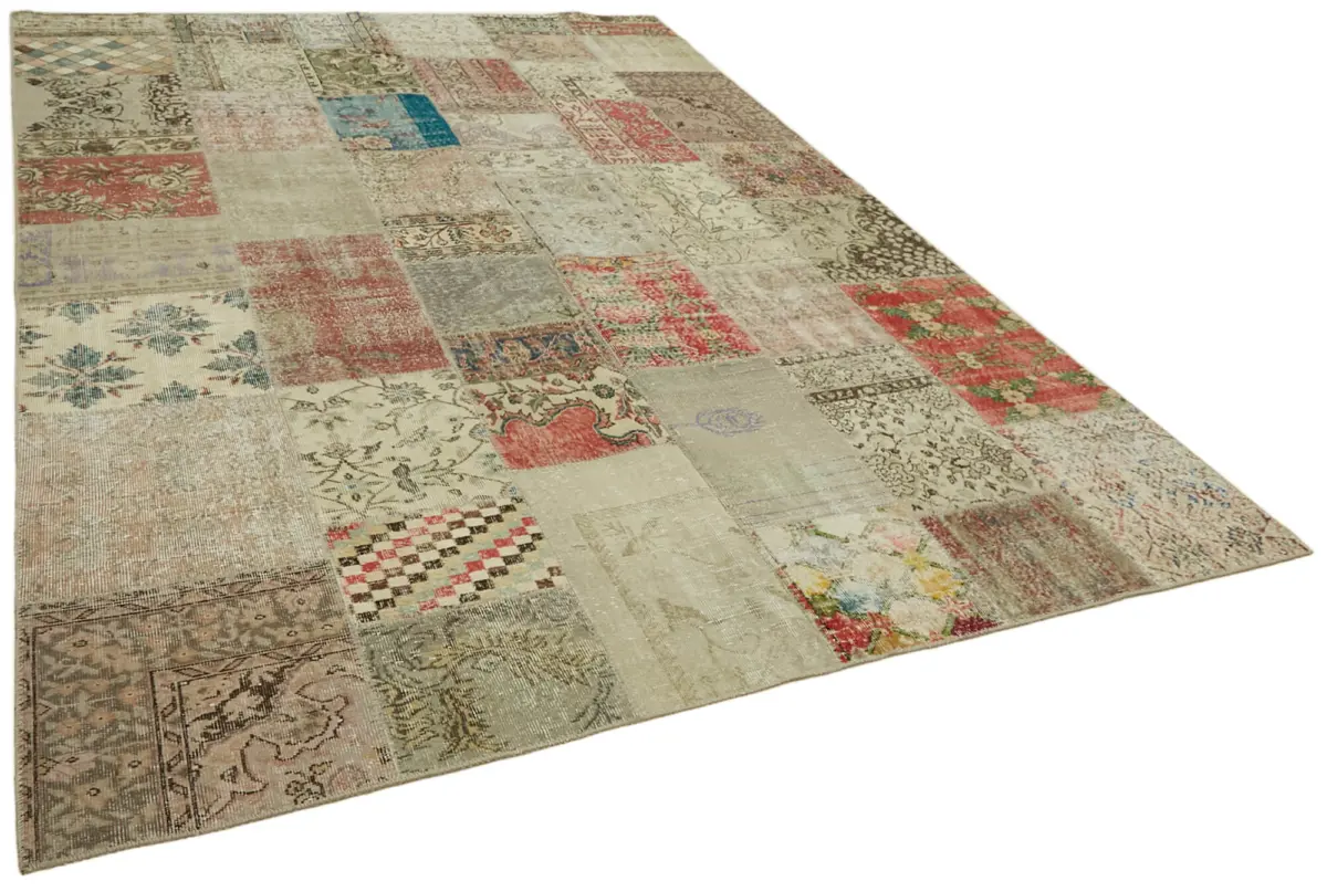 Patchwork Bej Pamuk Üzerine Yün El Dokuma Kilim-250x350 - Görsel 2