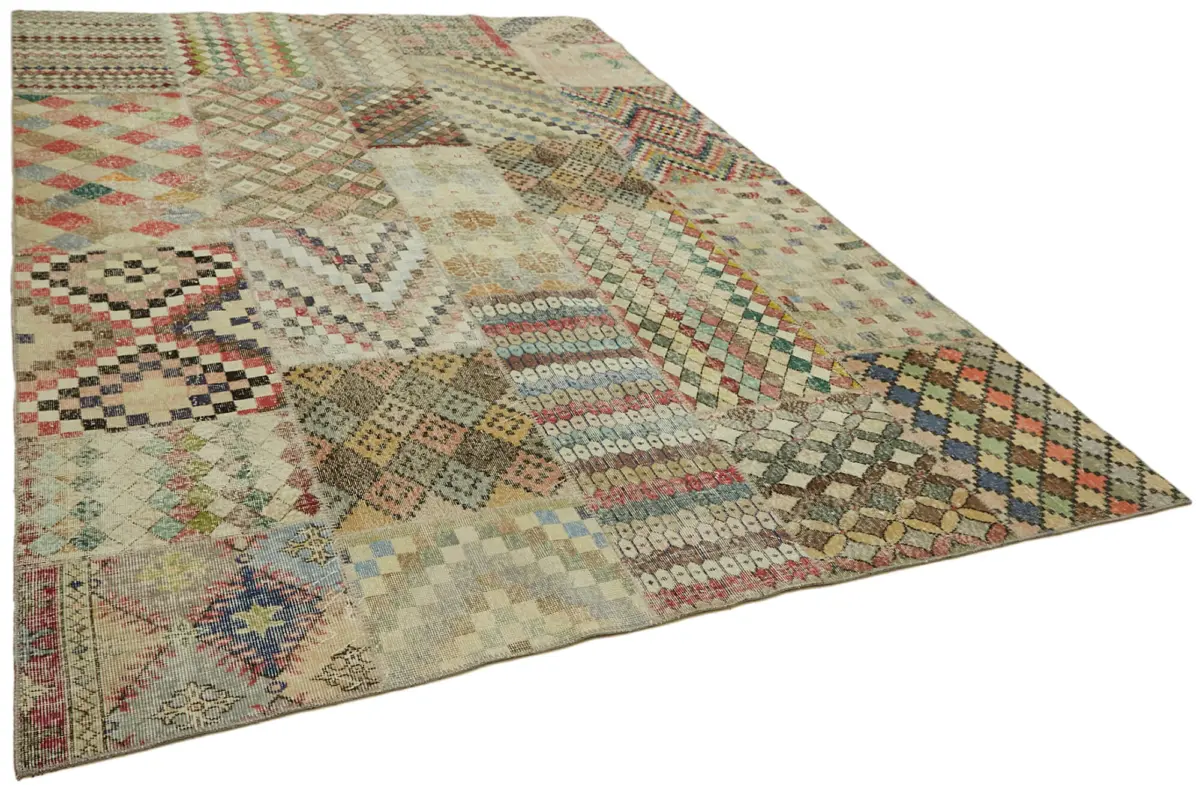 Patchwork Bej Pamuk Üzerine Yün El Dokuma Kilim-250x350 - Görsel 2