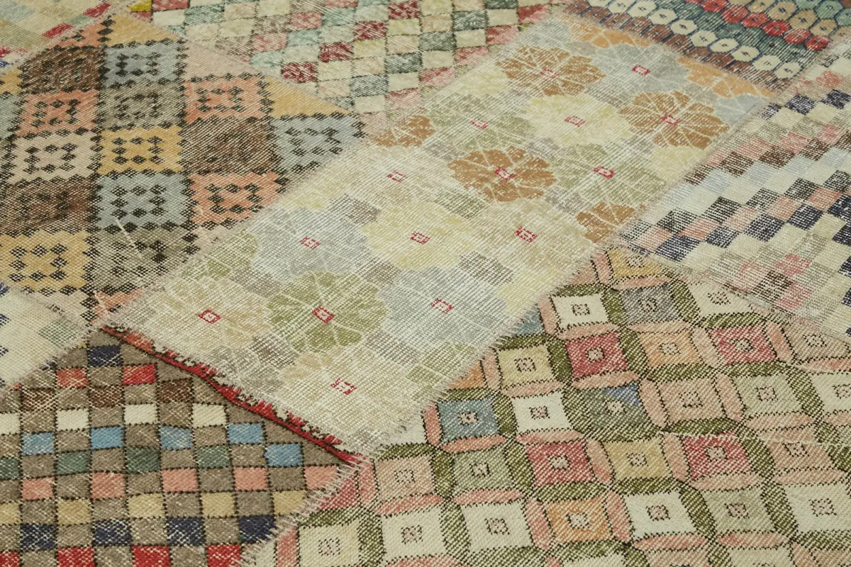 Patchwork Bej Pamuk Üzerine Yün El Dokuma Kilim-250x350 - Görsel 5