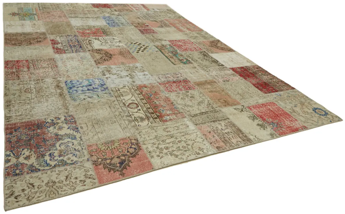 Patchwork Bej Pamuk Üzerine Yün El Dokuma Kilim-300x400 - Görsel 2