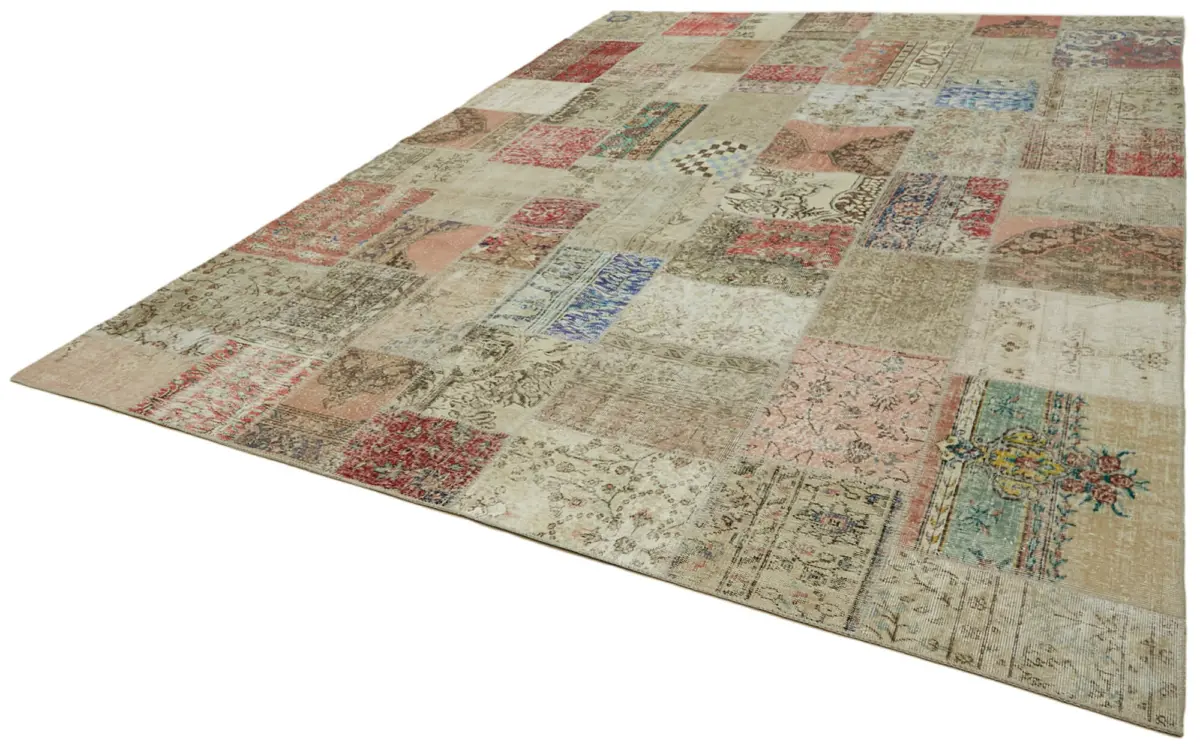 Patchwork Bej Pamuk Üzerine Yün El Dokuma Kilim-300x400 - Görsel 3
