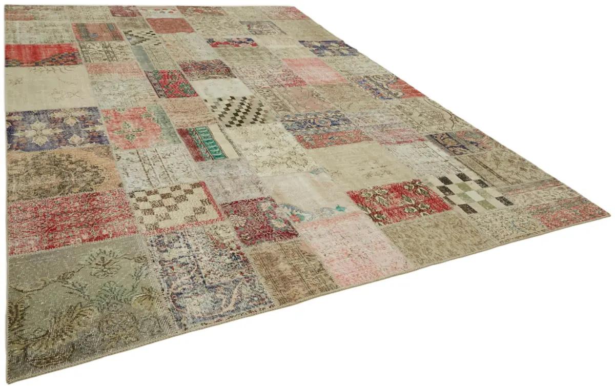 Patchwork Bej Pamuk Üzerine Yün El Dokuma Kilim-300x402 - Görsel 2