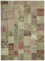 Patchwork Bej Pamuk Üzerine Yün El Dokuma Kilim-300x400