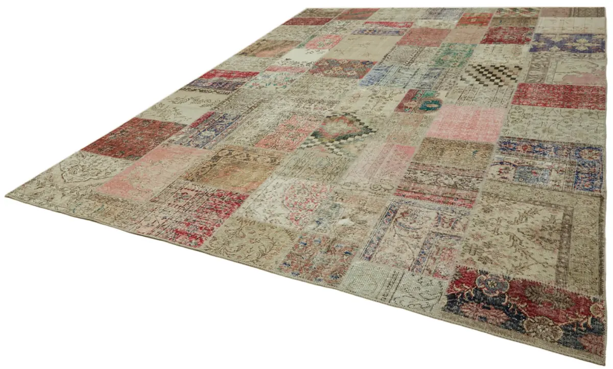 Patchwork Bej Pamuk Üzerine Yün El Dokuma Kilim-300x400 - Görsel 3