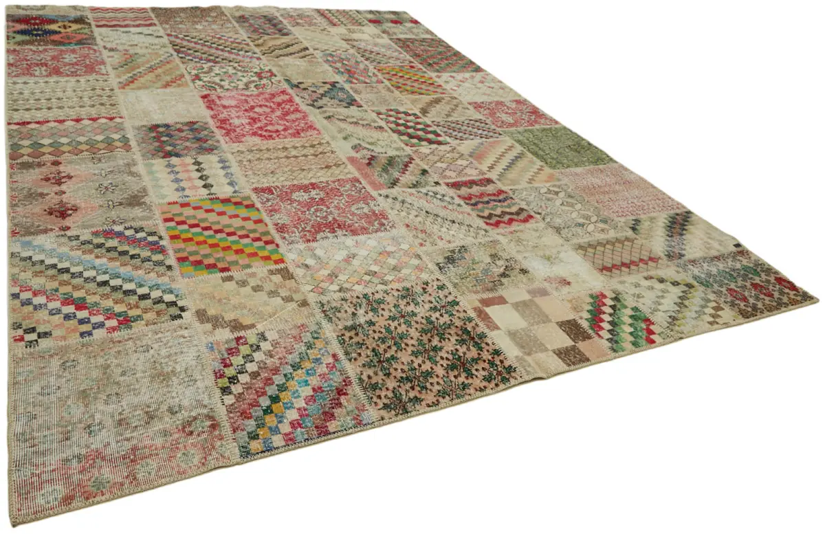 Patchwork Bej Pamuk Üzerine Yün El Dokuma Kilim-300x400 - Görsel 2