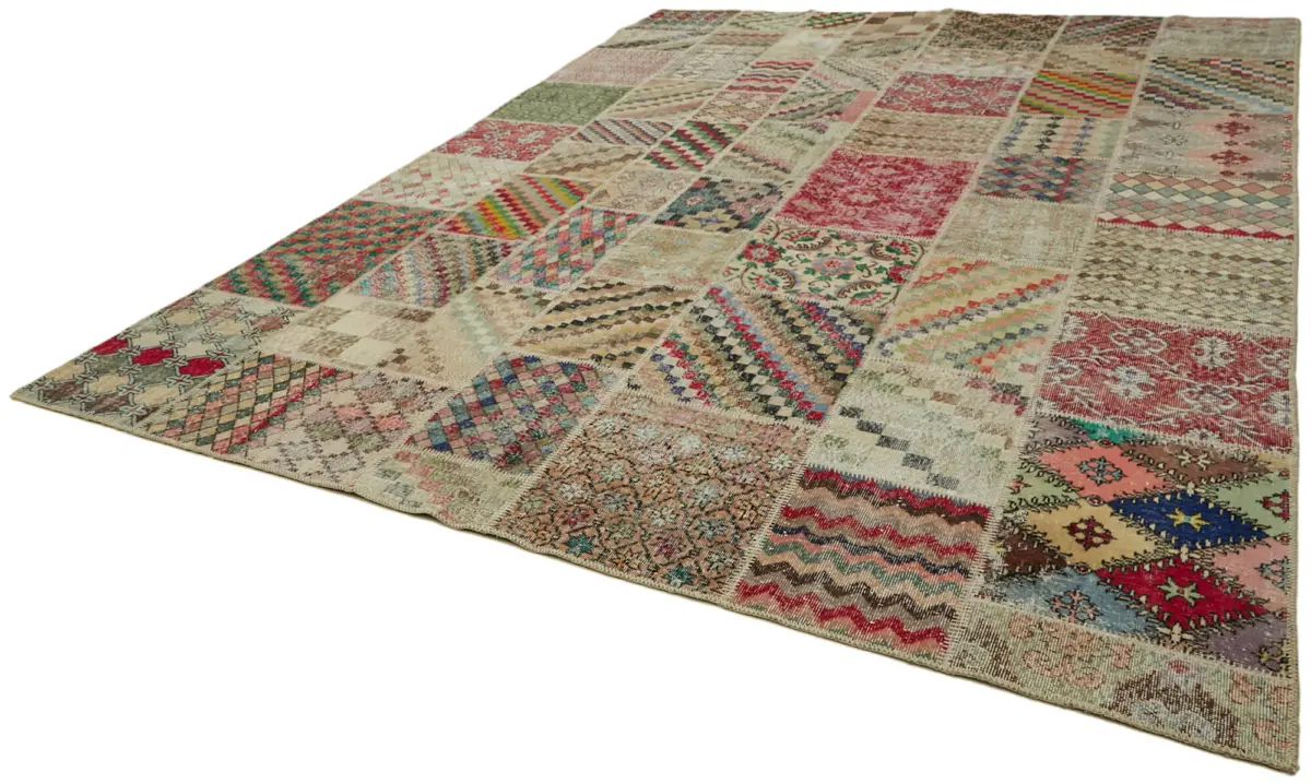 Patchwork Bej Pamuk Üzerine Yün El Dokuma Kilim-300x400 - Görsel 3