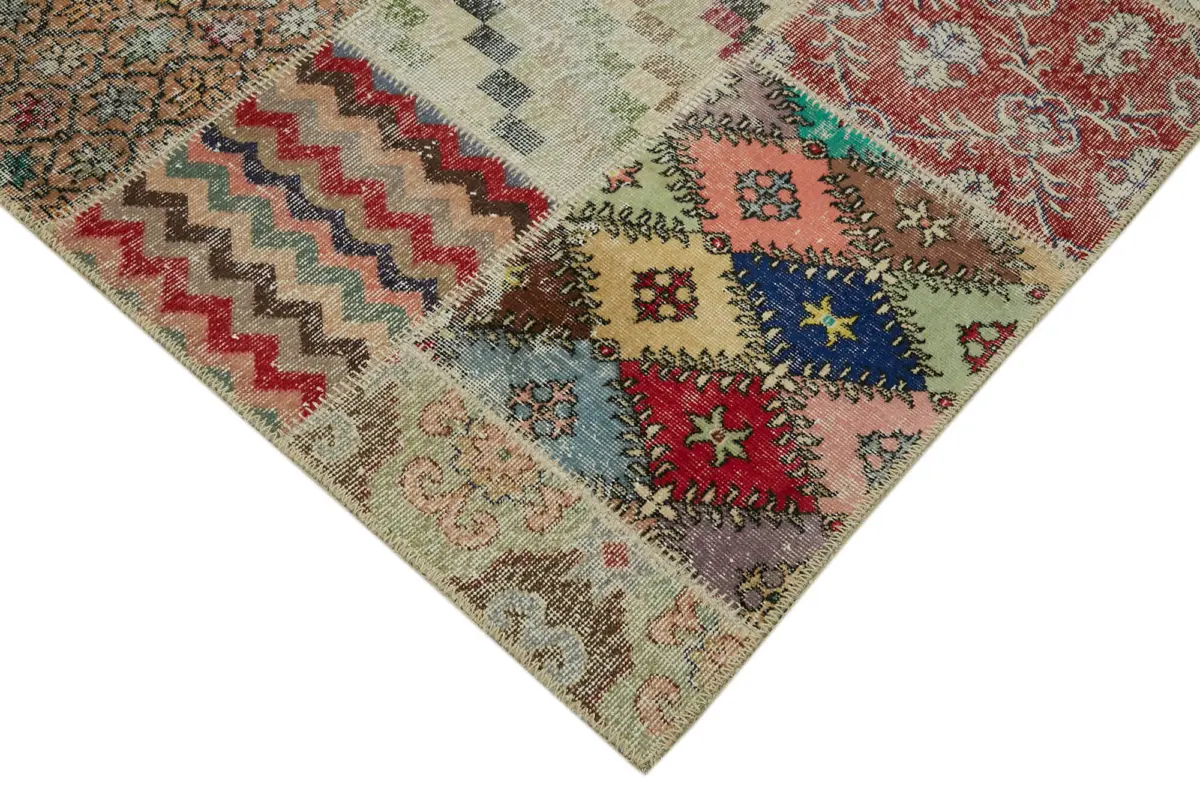 Patchwork Bej Pamuk Üzerine Yün El Dokuma Kilim-300x400 - Görsel 4