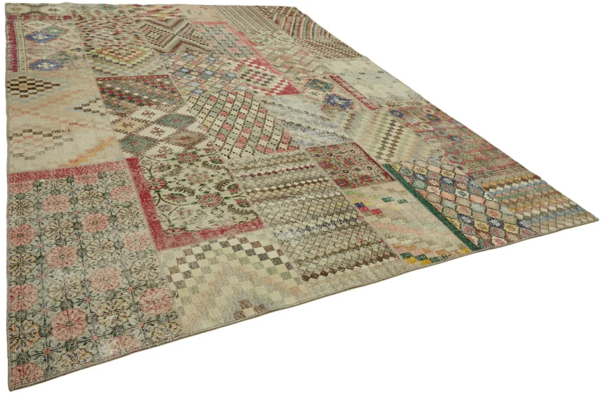 Patchwork Bej Pamuk Üzerine Yün El Dokuma Kilim-300x400 - Görsel 2