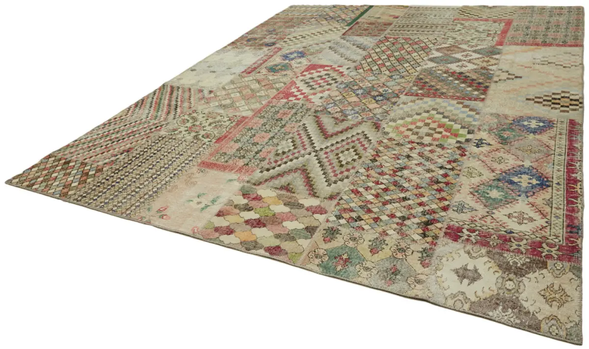 Patchwork Bej Pamuk Üzerine Yün El Dokuma Kilim-300x400 - Görsel 3