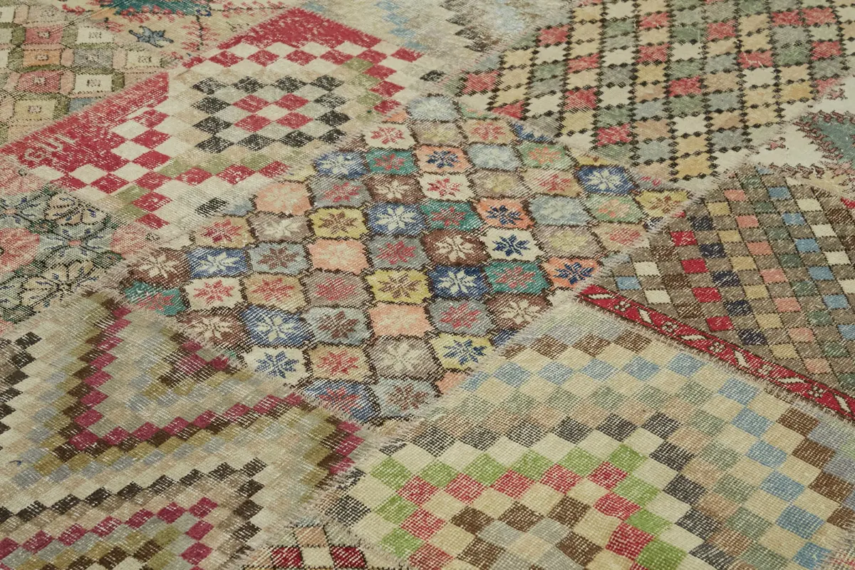 Patchwork Bej Pamuk Üzerine Yün El Dokuma Kilim-300x400 - Görsel 5