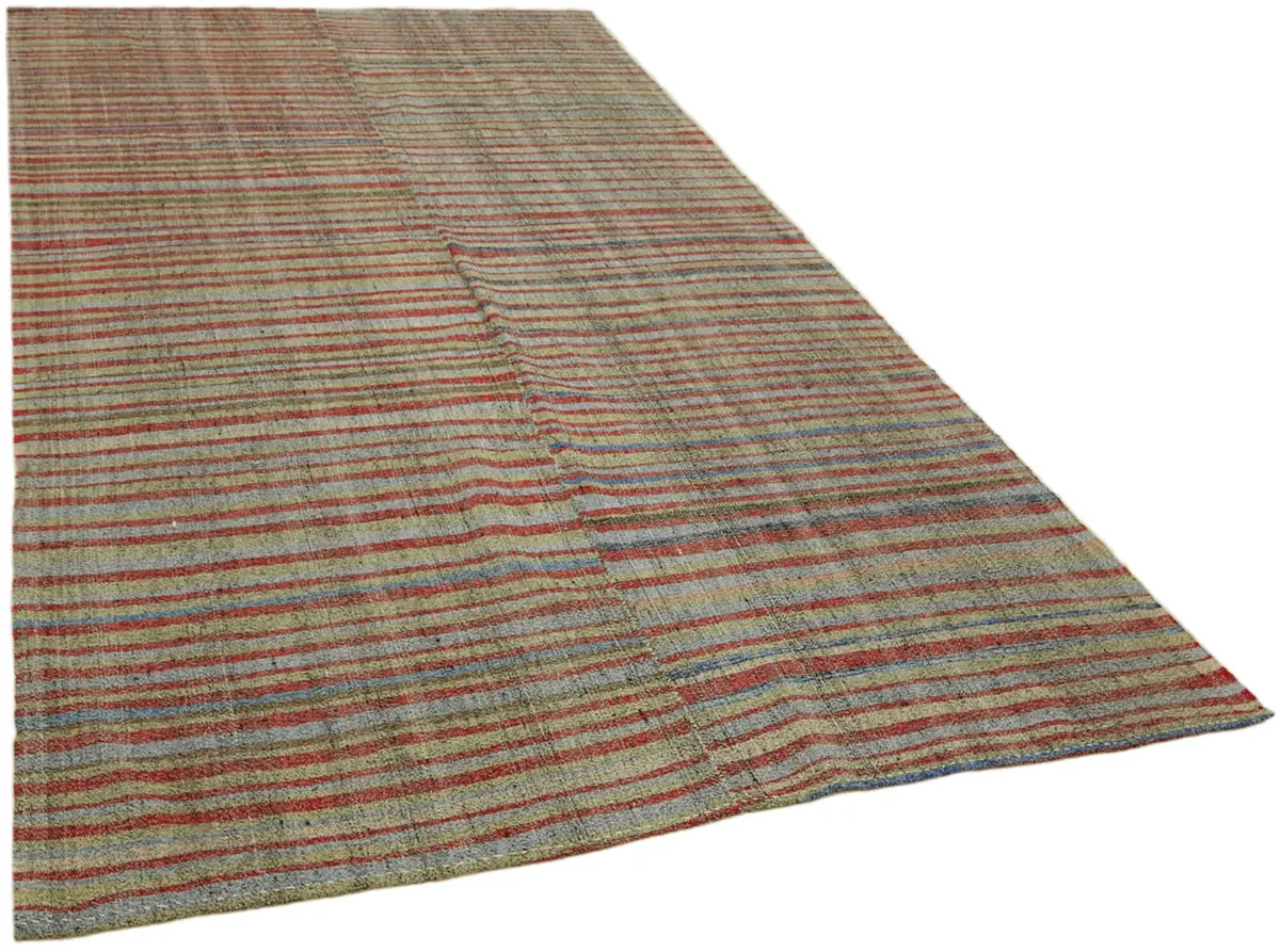 Chaput Çizgili Multi Renk Pamuk Üzerine Yün El Dokuma Kilim-187x329 - Görsel 2