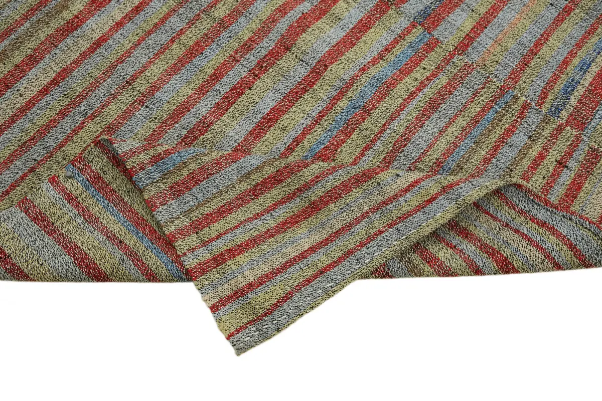 Chaput Çizgili Multi Renk Pamuk Üzerine Yün El Dokuma Kilim-187x329 - Görsel 6