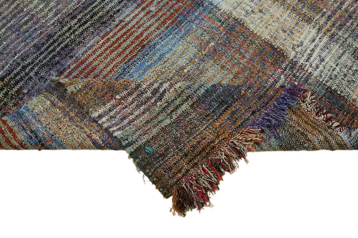 Chaput Çizgili Multi Renk Pamuk Üzerine Yün El Dokuma Kilim-153x331 - Görsel 6