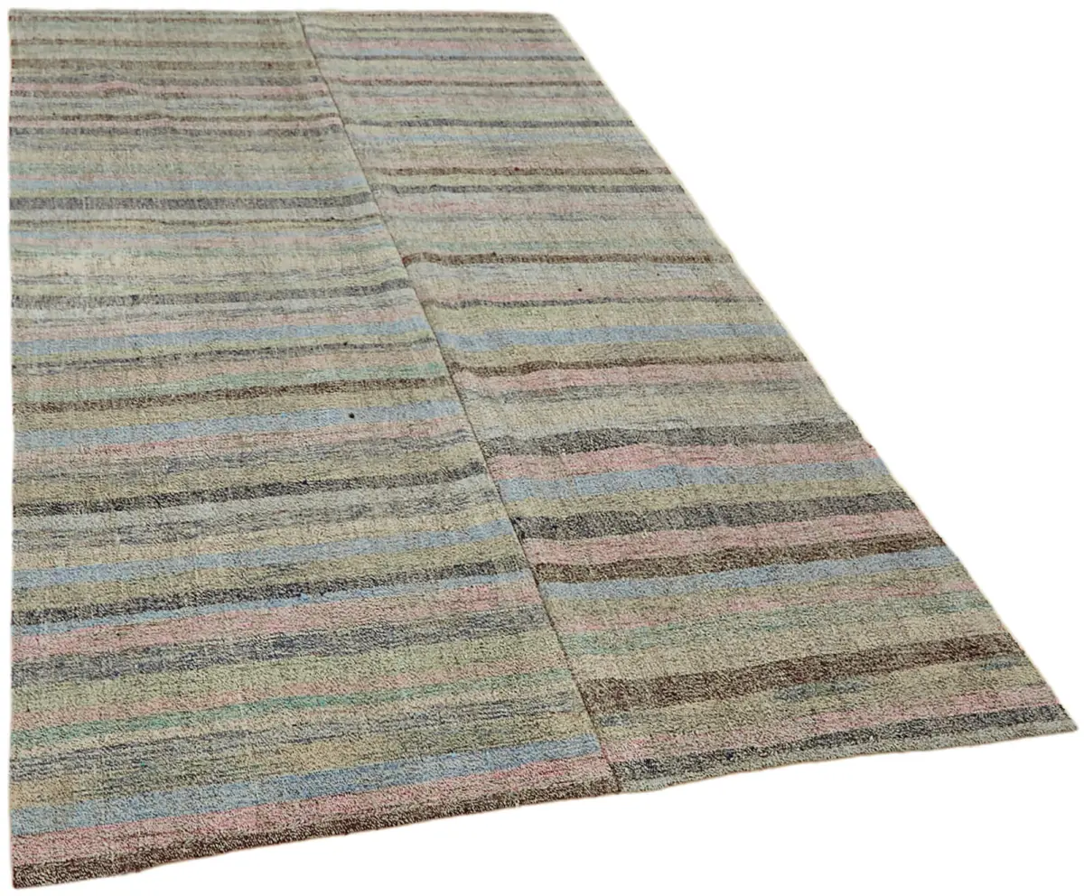 Chaput Çizgili Multi Renk Pamuk Üzerine Yün El Dokuma Kilim-152x262 - Görsel 2