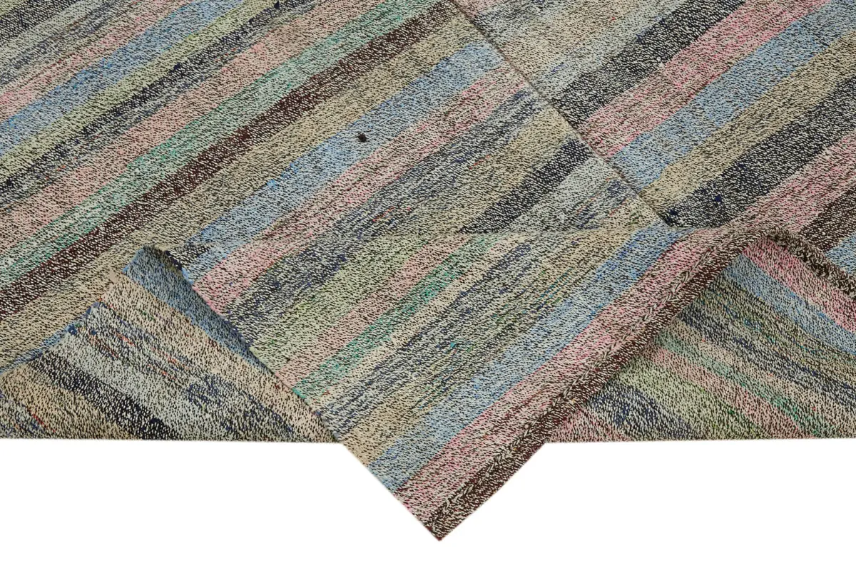Chaput Çizgili Multi Renk Pamuk Üzerine Yün El Dokuma Kilim-152x262 - Görsel 6