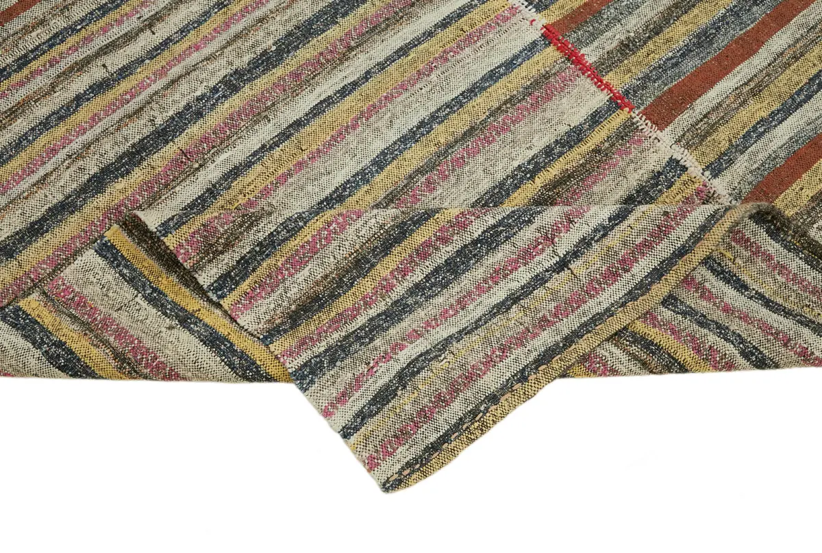 Chaput Çizgili Multi Renk Pamuk Üzerine Yün El Dokuma Kilim-170x290 - Görsel 6