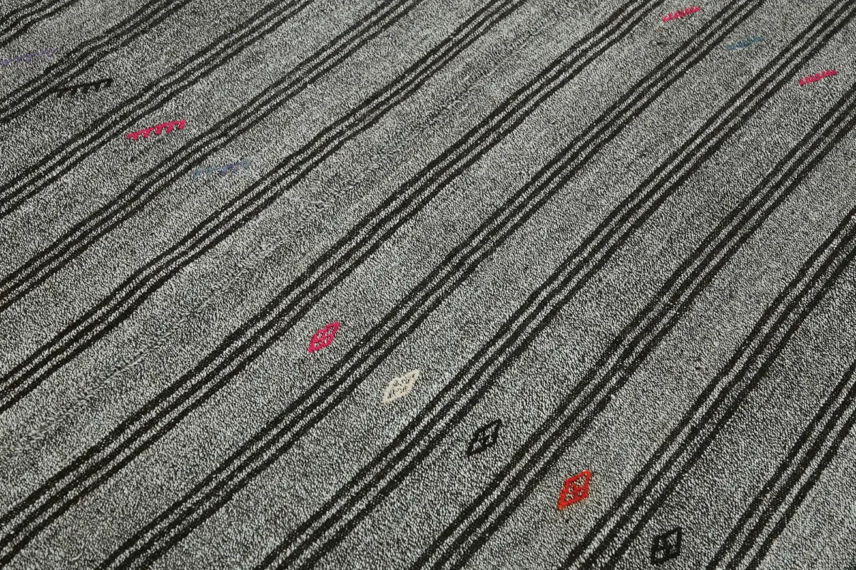 Chaput Çizgili Gri Pamuk Üzerine Yün El Dokum Kilim-197x282 - Görsel 5