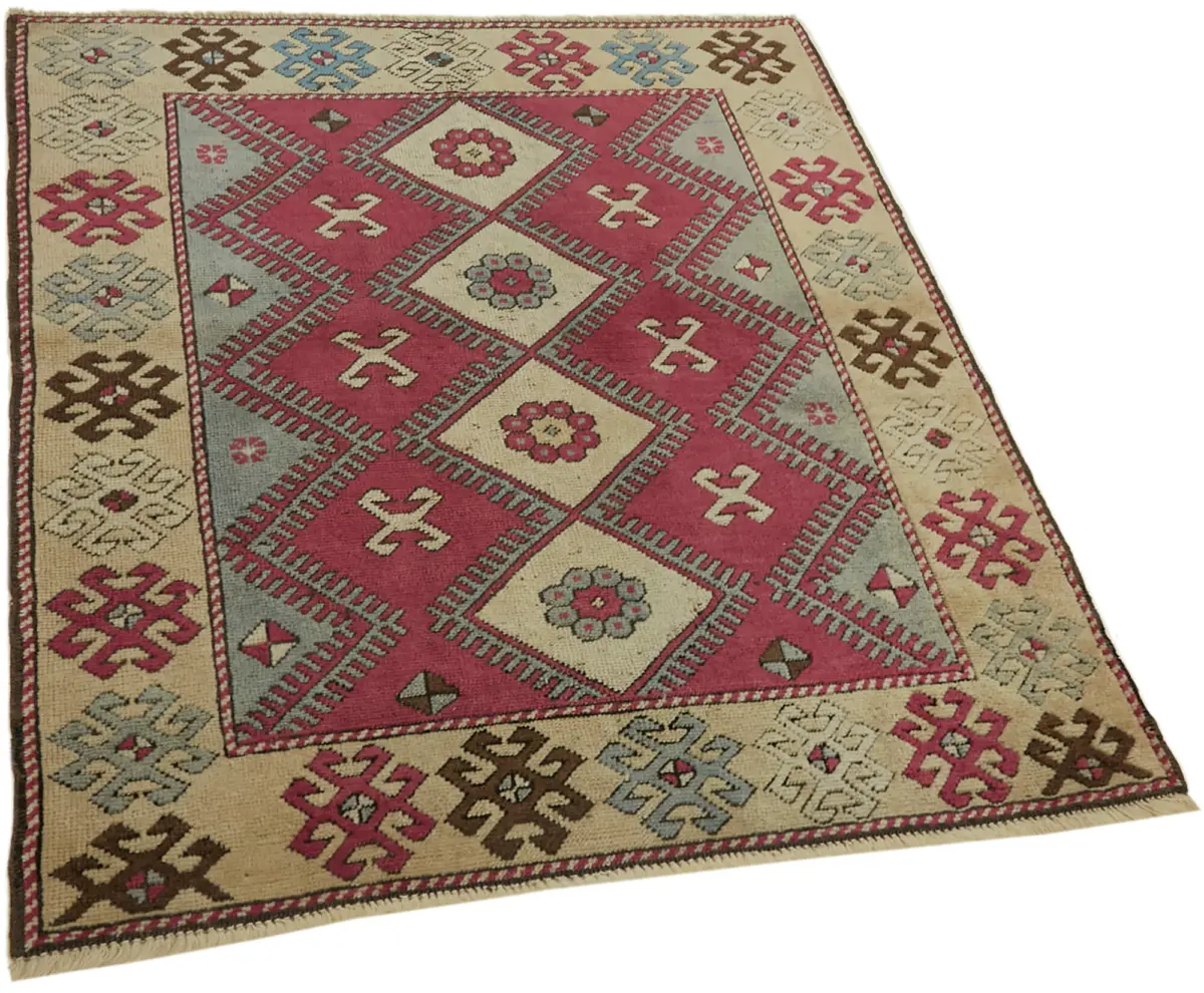 Anadolu Eskitme Bej Pamuk Üzerine Yün El Dokuma Halı-106x120 - Görsel 2