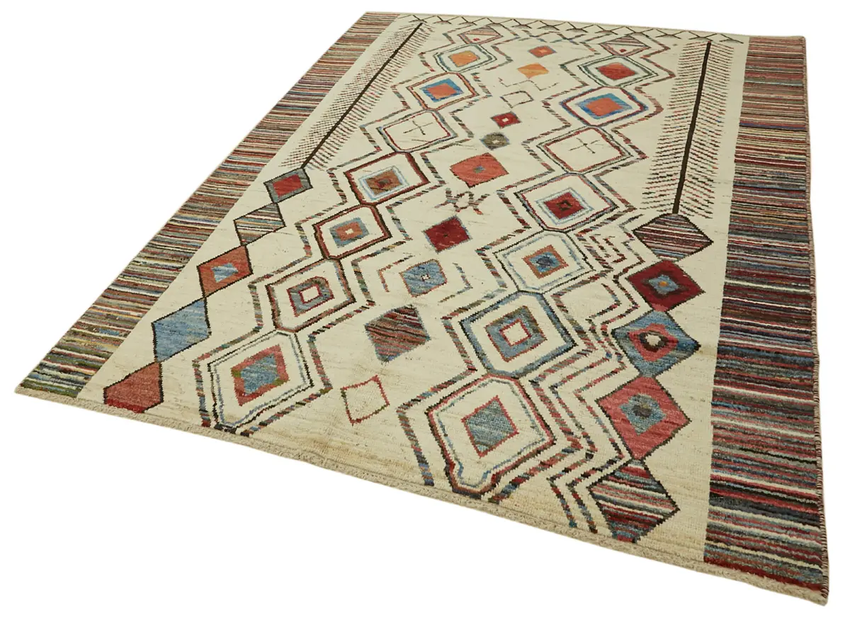 Tribal Modern Dizayn Bej Pamuk Üzerine Yün El Dokuma Halı-201x291 - Görsel 3