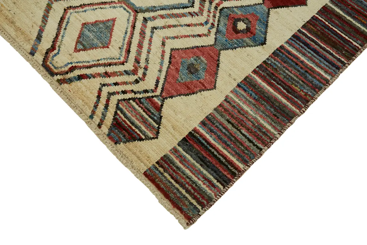 Tribal Modern Dizayn Bej Pamuk Üzerine Yün El Dokuma Halı-201x291 - Görsel 4