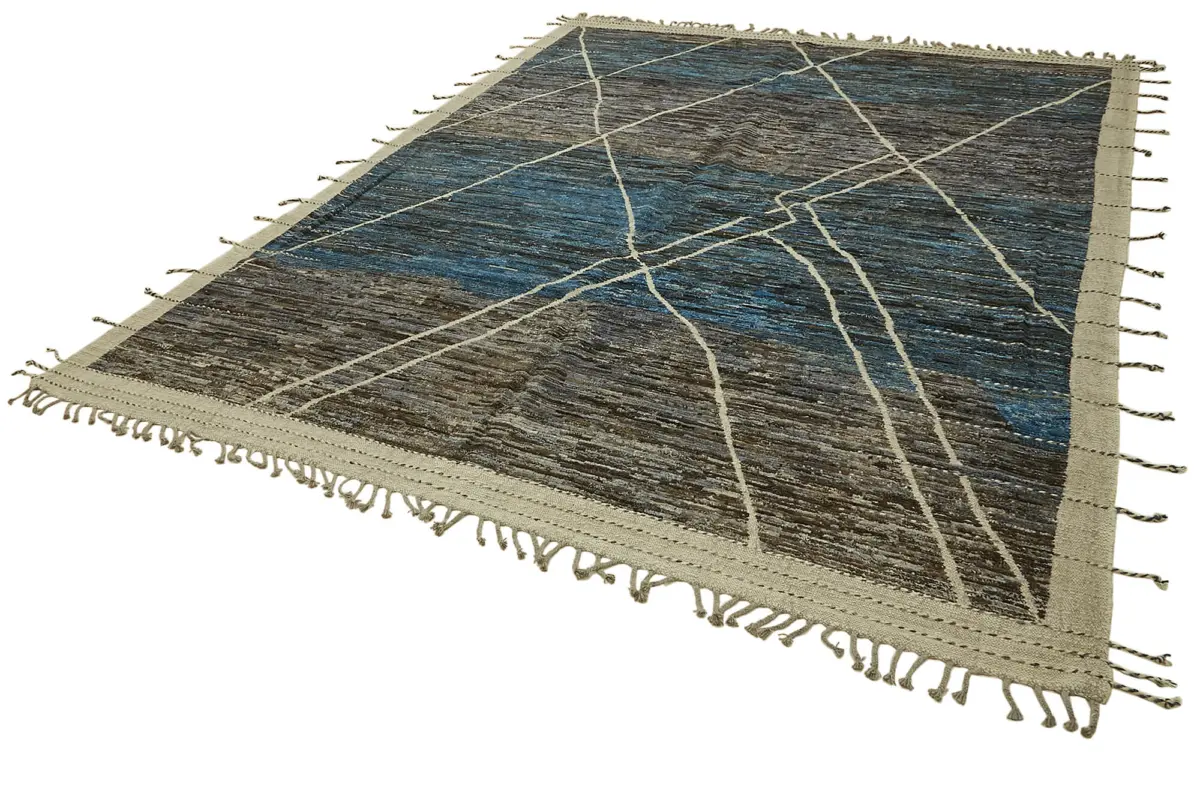 Tribal Modern Dizayn Mavi Pamuk Üzerine Yün El Dokuma Halı-280x363 - Görsel 3