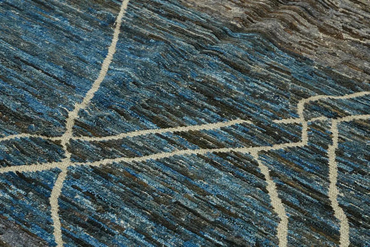 Tribal Modern Dizayn Mavi Pamuk Üzerine Yün El Dokuma Halı-280x363 - Görsel 5